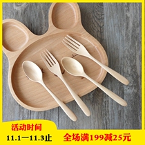 Childrens wooden spoon wooden fork two-piece set Boutique Childrens Special log solid wood spoon fruit pastry fork Wood tableware