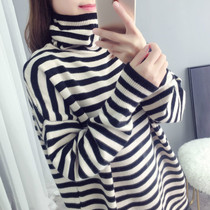 Striped turtleneck sweater womens winter new warm pullover lazy wind loose pile collar knitted base shirt jacket