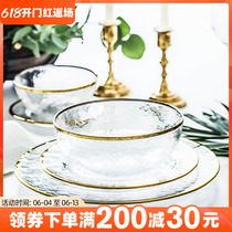 Nordic ins Phnom Penh glass bowls European style Western dining trays Home Steak Pan Flat Pan Salad Pan Hand Sketching Cutlery