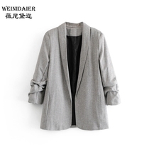 Autumn new herringbone pattern pleated sleeve suit jacket European station Foreign Trade single womens big brand withdrawal cabinet cabbage price