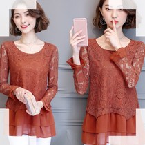 Top mid-length lace chiffon shirt 2020 cover belly thin base shirt womens foreign style small shirt European goods fat MM