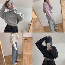 Zhou Mu wood short sweater female 2020 Spring Korean version Joker round neck loose lazy wind gray long sleeve top