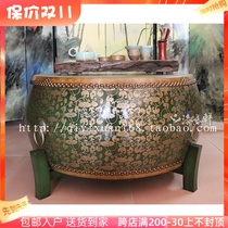 Modern Chinese neo-classical solid wood painted hand-painted furniture leather drum surface big drum coffee table tea table drum stool set