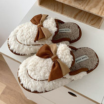 Korean version of fairy style retro bow cotton slippers autumn and winter fashion girls home non-slip warm plush shoes