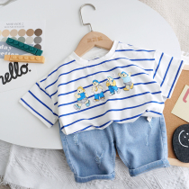Baby Striped Small Bear Short Sleeve T-shirt Summer Thin men and women Childrens foreign air Summer clothing Compassionate Children Cute Blouse