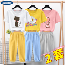 Girls pajamas summer cotton thin loose air-conditioning suit suit Korean version of the children 12-15 years old childrens summer clothes
