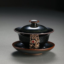 De kiln inlaid with flowers two-color Jianzhan Oil drop Tianmu glaze handmade Gongfu tea set large three-color bowl collection Jianzhan