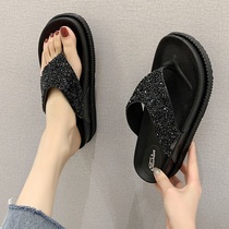 ins tide water drill herringbone drag female summer fashion outside wearing a thick bottom clip foot tug 2022 new beach slopes heel sandals