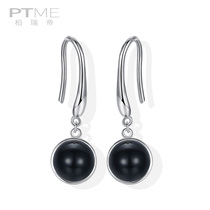 Sterling silver earrings women Korean temperament fashion black synthetic agate earrings short round face ears thin