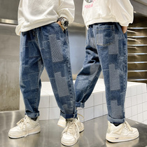 Boy splicing block denim jeans 2022 Spring and autumn clothes new foreign air CUHK Childrens baby casual long pants tide
