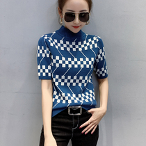 Europe Station 2022 Summer Dress New Foreign Air Cardiovert Woman Short Sleeve Sashimi 100 Lap Half Sleeve Blouse Semi-High Neckline Sweatshirt