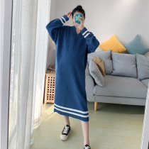 Pregnant women sweater base shirt V collar pregnant women winter dress pregnant women long sweater skirt over the knee foreign maternity