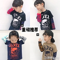 Spring and autumn new Japanese boys and children tide bottoming coat stitching color cotton fake two long sleeve T-shirt