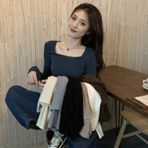 The French style square collar needlework womens spring and autumn new scolded collarbone beating undershirt with low collar sexy sweater blouses