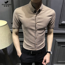 Fugui bird vertical stripe short sleeve shirt for mens surges Summer Korean version with new handsome air blouses shirt half sleeves