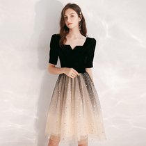 Annual meeting small evening dress dress womens banquet temperament short style can usually wear French starry sky dress Black Spring