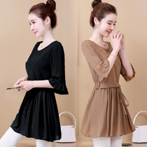 2023 summer Korean version of the mid-length all-match lotus leaf edge loose belly-covering short-sleeved chiffon shirt womens top