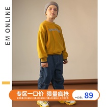 EM boy sweater 2020 autumn and winter new pullover sweater plus velvet thickened warm top boy western style