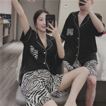 Korean Version Short Sleeve Lovers Sleepwear Thin pieces of ice silk Big code Home Thin Zebra Striped Imitation Real Silk silk suit