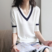Knitted sweatshirt thin woman 2022 new spring summer middle sleeve loose sleeve head display slim 100 hitch color ice silk t-shirt blouse