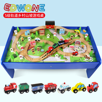 EDWONE100 Piece Country Wood Track Train Table Wooden Smato Train Beech Track Game Table