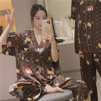 Korean version short sleeve lovers pyjamas slim model emulated silk square collar cardiovert dress with big code 200 catty and long pants suit summer