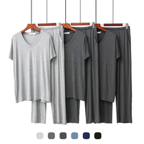 Modale Spring Summer Pyjamas Mens Round Collar Casual Short Sleeve Long Pants Men V Collar Chicken Heart Collar Elastic Home Suit Suit