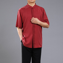 Baifulong Chinese style red Tang suit mens short sleeve shirt father birthday Tang suit Chinese wedding dress banquet