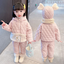 Girls autumn and winter cotton suit plus velvet thickened 2021 New Net red baby children Winter cotton suit two-piece set