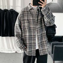 Autumn plaid shirt men long sleeve trend Hong Kong style oversize loose shirt spring autumn retro woolen coat