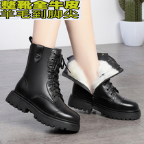 Full leather thick bottom dark black Martin boot female winter flat leather hair integrated short boot thickened warm wool female boot leather boot