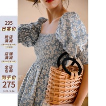 MICHELLLYMO French style retro square collar crushed flower skirt woman small sub high waist bubble slew sleeve sweet and short style dress