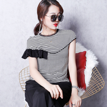 Extravagant shell original Cebu Black white striped t-shirt female irregular splicing jacket blouse with slim Han Fan short sleeve 2020 new