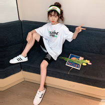 Korean Girls Short Sleeve Set 2021 New Korean Edition Personality Fashion Medium Big Kids Summer Sports Casual Two-Piece