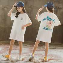 Girls summer medium long T-shirt 2022 summer dress foreign air cartoon new pure cotton sweater dress CUHK Scout short sleeve T-dress