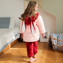 Girls Coral velvet three-layer cotton padded pajamas children flannel baby plus velvet home clothes girls autumn and winter