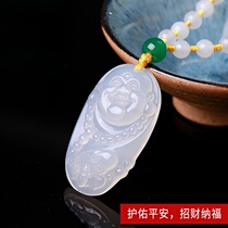 One stone natural ice species White Jade essence carving lucky boy pendant hanging chain original crystal jewelry couple gift