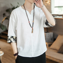 Chinese V-collar seven-point sleeve T-shirt male ethnic tea clothing retro Chinese style shirt half sleeve mid-sleeve undershirt size