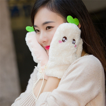 Heart Concubine Lan cute cartoon gloves student exposed cotton gloves female winter thickened plus velvet warm half finger