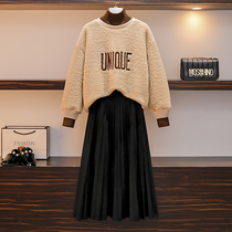 Plus Size Women Early Autumn New 2020 Fat Sister High Collar Thick Flush Sweater Cover Meat Age Pleated Skirt Two Piece Set