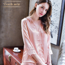 TOUCH MISS REAL SILK PYJAMAS LADY V COLLAR TWO SETS 90% SLEEVES LACE LACE SAUNA SILK SLEEPING SUIT