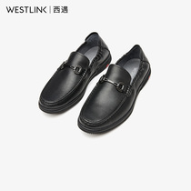 West encounter Inlan title Clasp Lego Shoes Men 2021 Spring new casual genuine leather One foot Pedal Leather Shoes Man Bean shoes