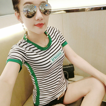 Hong Kong 2020 Striped Slim T-shirt Summer Slim Joker T-shirt Korean version of round neck cotton top