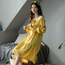 Nightdress Womens Spring and Autumn long knee Korean version of loose size ice silk pajamas advanced feel silk can be worn outside Silk