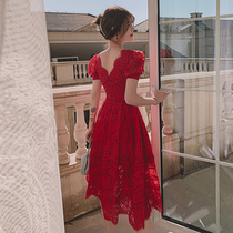 Lace bridal wedding toast dress can usually be worn 2021 new summer engagement red dress thin dress