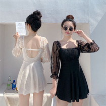 2021 New lace long-sleeved fairy fan backfitting sexy skirt style soak hot spring flat corner slim swimsuit