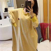Korean version of nightgown female spring and autumn terry cotton cute sweet pajamas loose size fat mm200 kg home wear outside