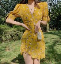 Very fairy French niche temperament V-neck floral ruffle Chiffon dress 2021 summer short skirt womens suit