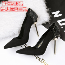 European and American temperament Single shoe woman 2022 Fall new fine heel high heel Shoe black 100 hitch Pointed Rivet Shallow womens shoes