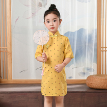 Childrens cheongsam 2021 New Improved girl foreign style pure cotton point Chinese style yellow retro cheongsam dress women